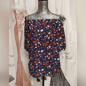 Michael Kors Blue Red Floral Off The Shoulder Top.